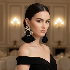 Elegant Black and Gold Tassel Earrings